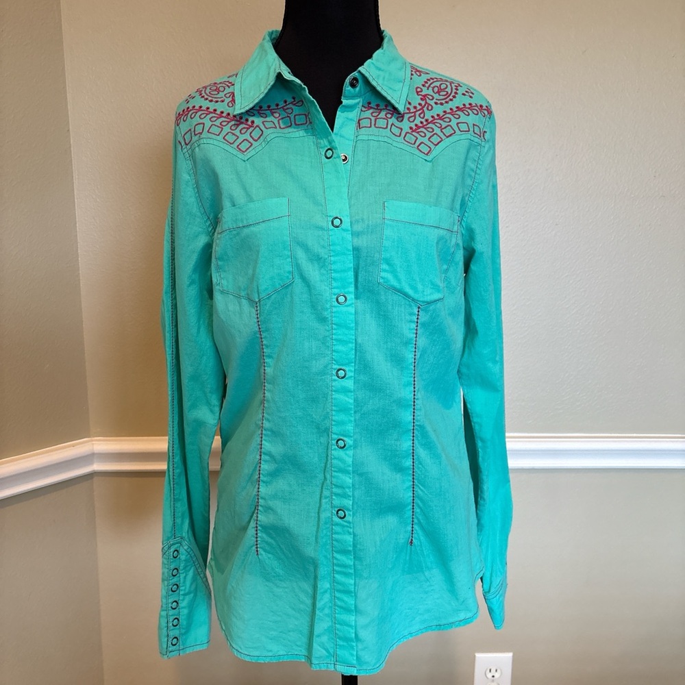 Buckle Turquoise Button-Down Shirt with Pink Embroidery